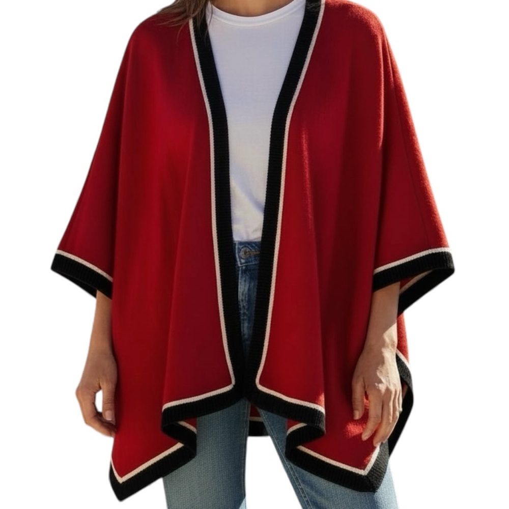 *Clothes By Revue Vintage Red Boiled Wool Cape Poncho Black & White Trim Retro